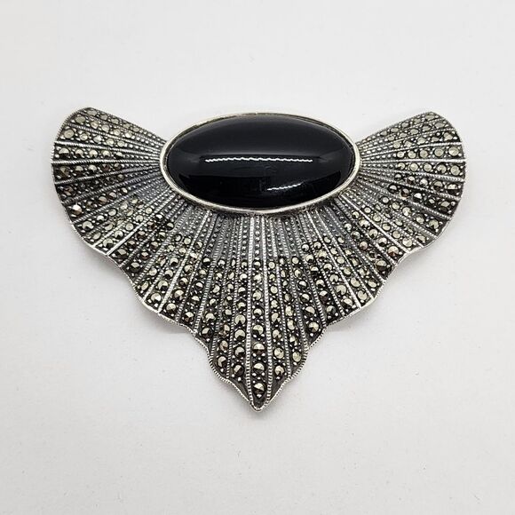 Vintage Judith Jack Art Deco Style Large Black Onyx & Marcasites Sterling Silver - Picture 6 of 10